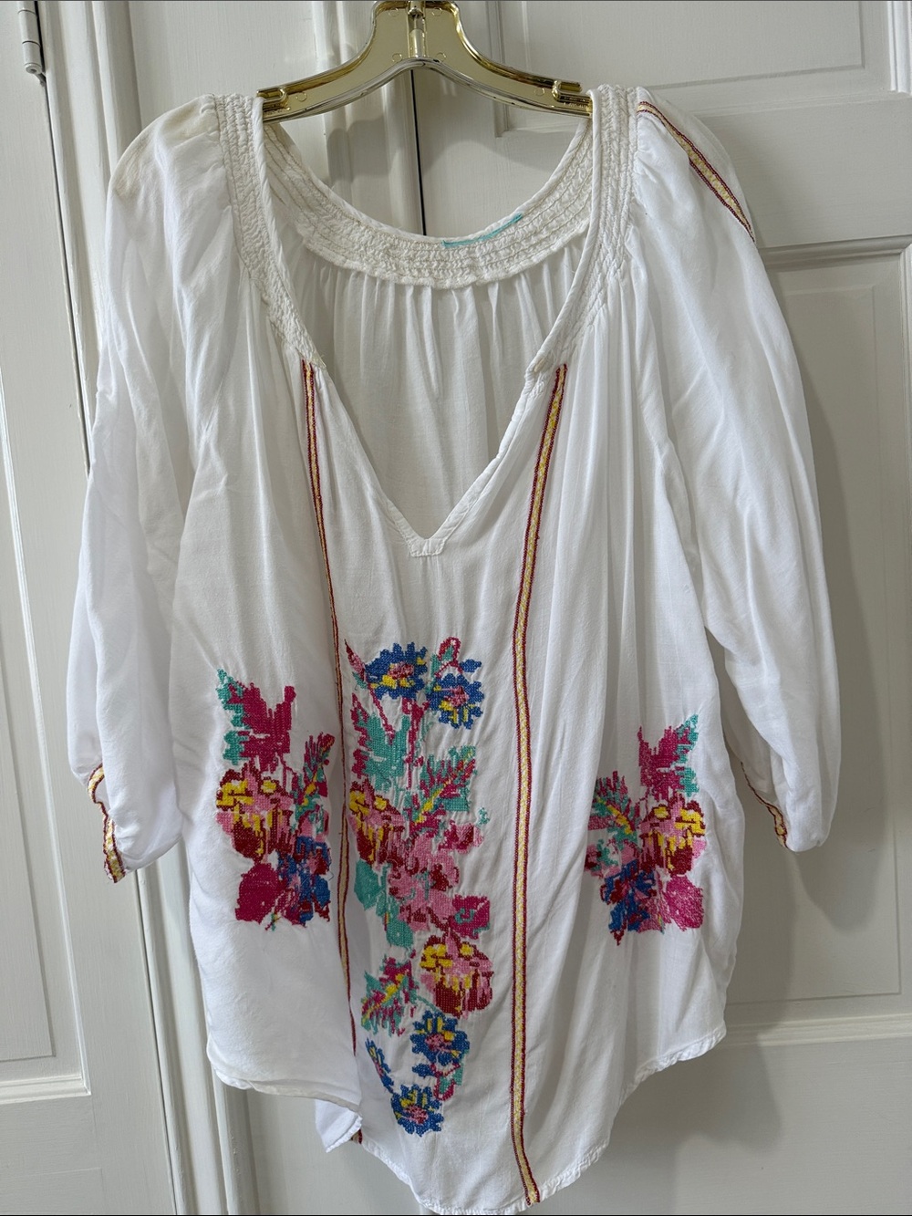 Melissa Odabash Boho White Peasant hand embroidered cover up